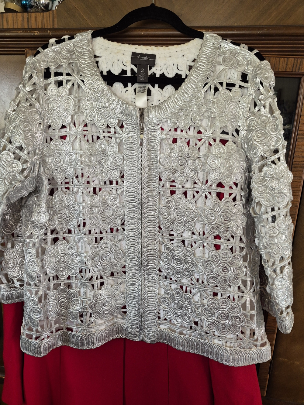 Chicos Travelers Silver Foiled Lace Cardigan Jacket 2 L